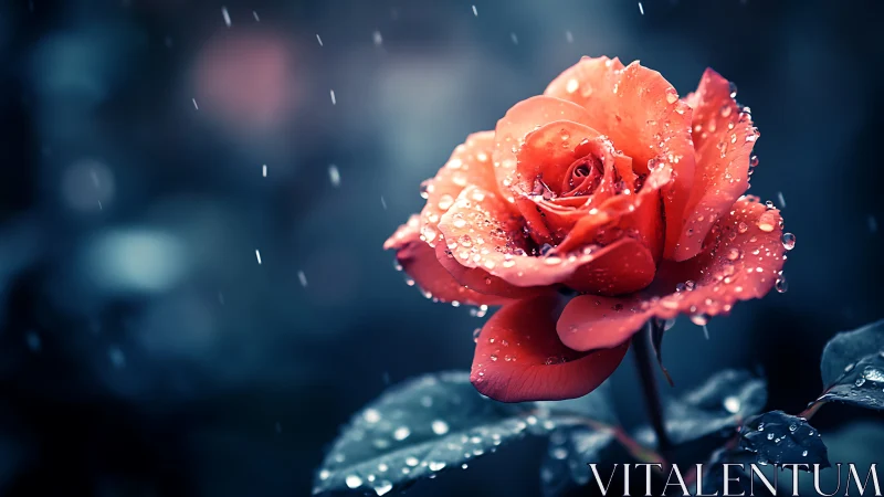 Crimson bloom glistening under rain's crystalline embrace.