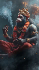 Divine simian deity meditates in swirling sacred smoke