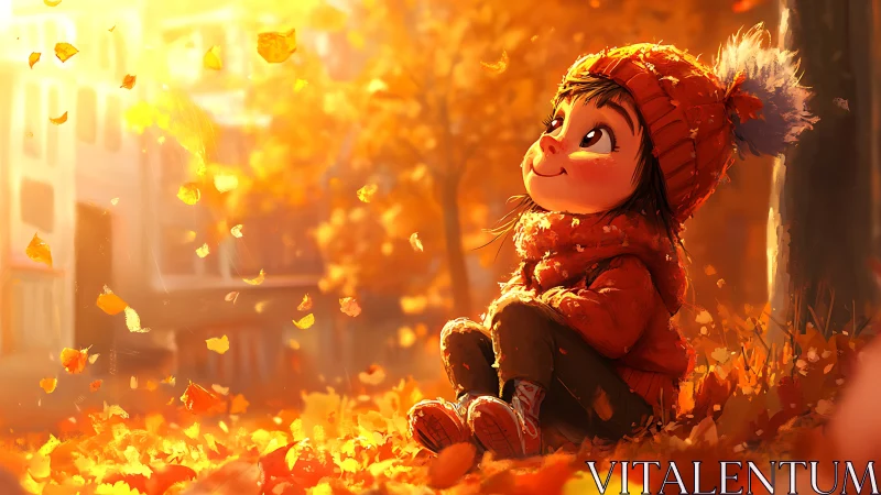 Small autumn dreamer studies sunlight through falling leaves