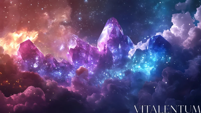 Shimmering cosmic crystal peaks glowing in dreamy starlight.