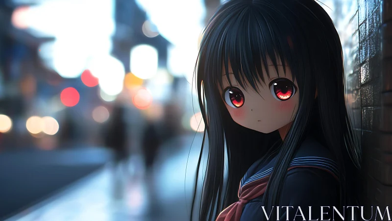 Anime schoolgirl with red eyes in urban evening street scene.