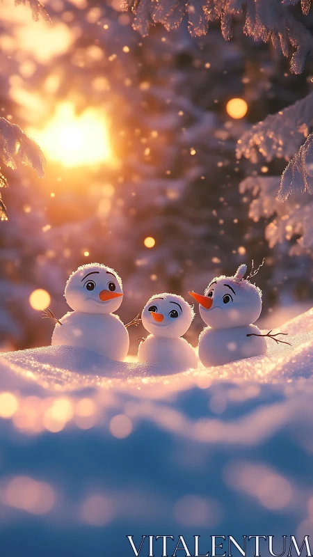 Snowy sunset trio of giggling snowfolk in glittering drifts.