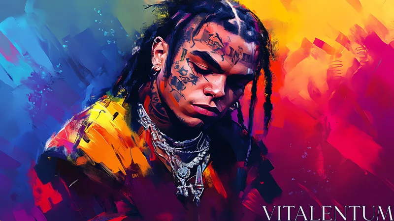 Bold portrait of reflective rapper in glowing neon colors.