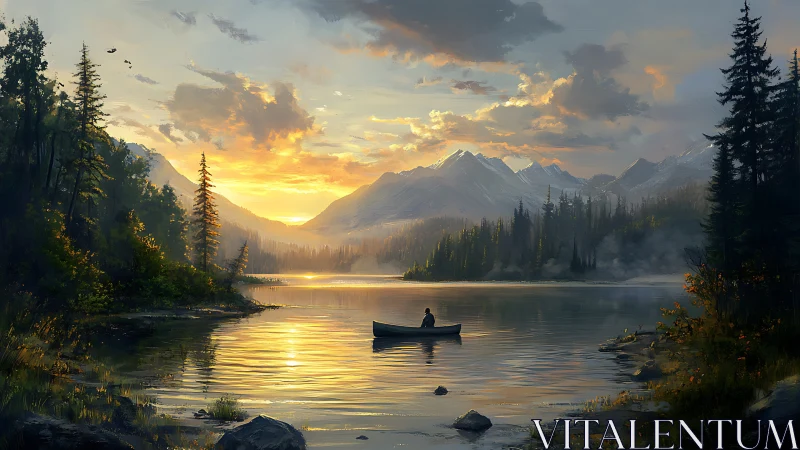 Golden sunrise gently welcomes a lone canoe on calm lake