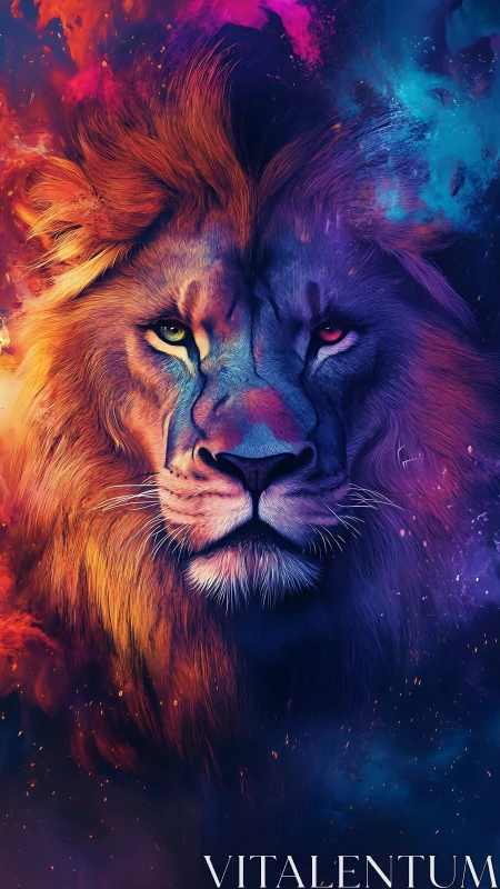 Symmetrical lion portrait in contrasting neon color halves.