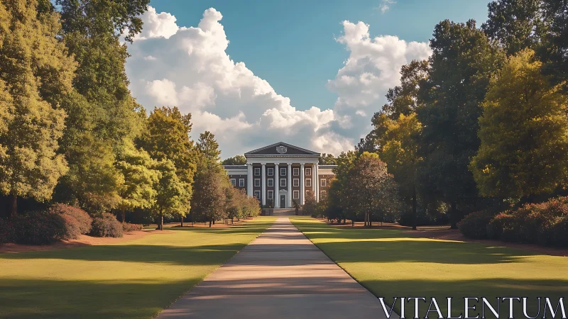 Tree lined walkway leading to neoclassical campus building.
