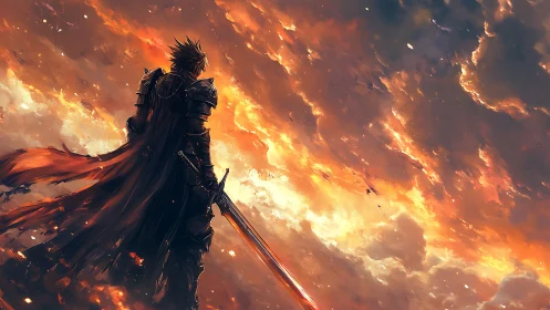 Armored warrior surveys incendiary sky in dynamic backlight