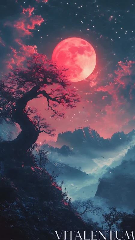 Digital painting of crimson moon above misted fantasy valley.