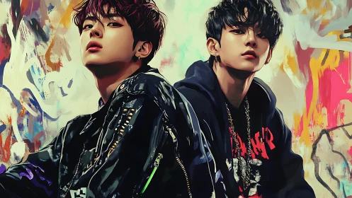 Dual portrait of stylized streetwear youths against graffiti field