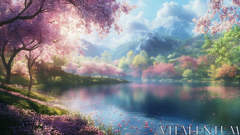 Spring blossom lake with distant snowy mountains at sunrise.