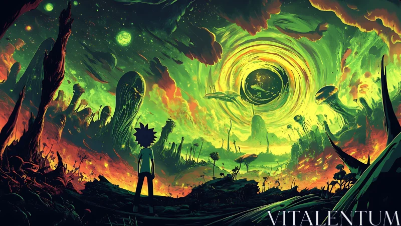 Curious traveler gazes into a swirling alien sky portal.