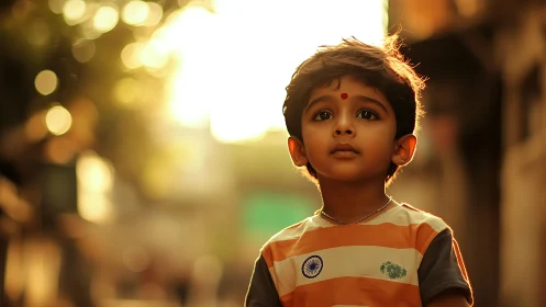 Young boy in Indian flag shirt gazes thoughtfully at golden light