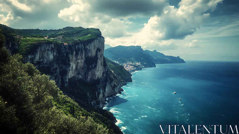Dramatic sea cliffs meet turquoise coast beneath brooding clouds.