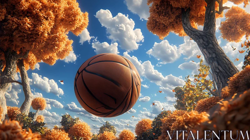 Giant basketball drifts through a dreamy autumn forest sky.