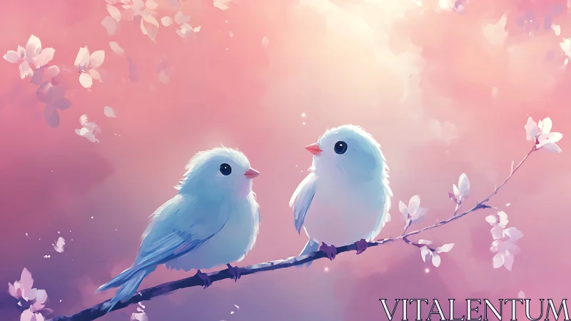 Two White Birds Positioned on Branch with Pink Floral Background.