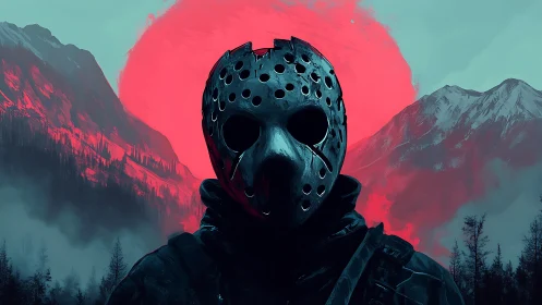 Masked figure stands before red sun and misty mountain valley