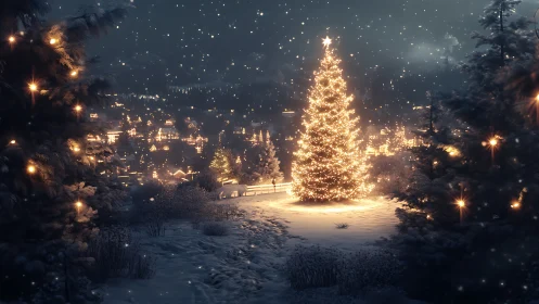 Snow covered hillside shows illuminated outdoor Christmas tree
