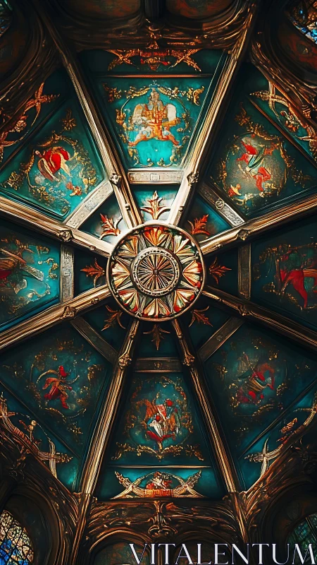 Gilded radial cathedral ceiling with teal panels and iconography