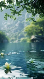 Serene lakeside lilies render depth with soft atmospheric blur