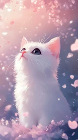 Dreamy White Kitten Lost in Wonder Among Soft Pink Petals