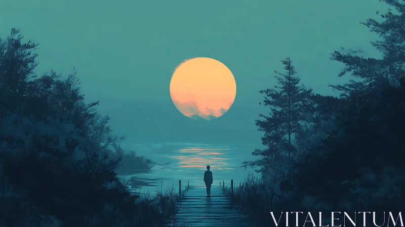 Solitary figure on lakeside pier under oversized pastel sun.