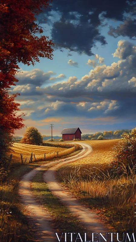 Curving dirt lane leads toward red barn under glowing sky