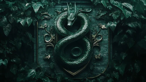 Enchanted emerald serpent curls proudly on an ivy-clad crest