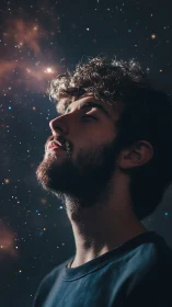 Bearded man in profile with closed eyes against starry sky.