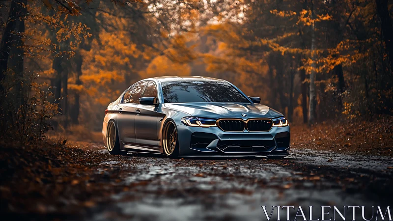 Lowered performance sedan on wet forest road under warm bokeh light