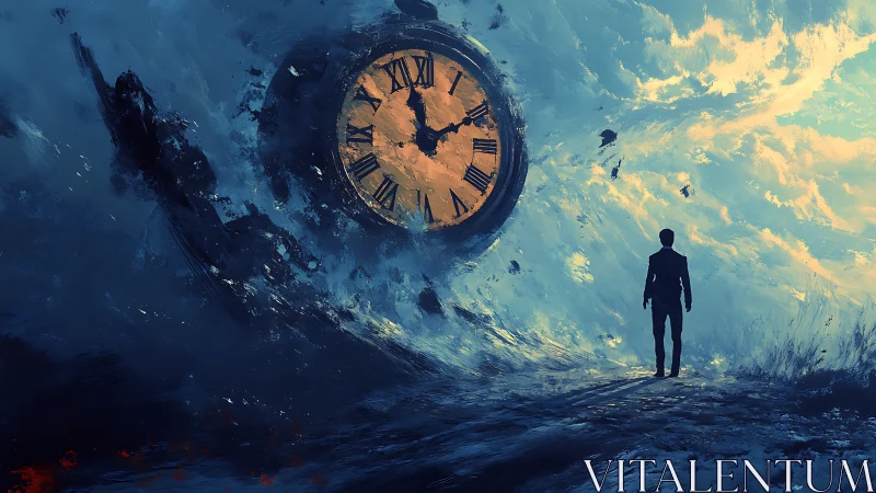 Solitary figure confronting swirling cosmic clockscape.