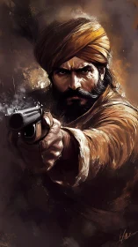Turbaned warrior aims pistol with intense forward focus