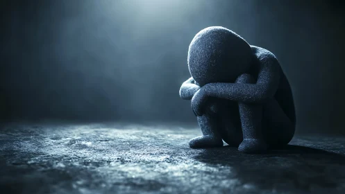 Solitary textured figure seated on dimly lit rough floor.