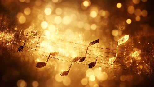 Golden music notes shimmer across staff with bokeh illumination