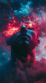 Dreamer with blazing cosmic vision in vivid neon clouds.