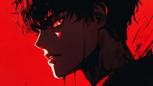 Side profile anime portrait shows intense red lighting