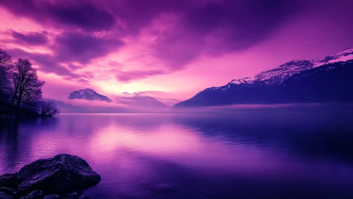 Violet tinted mountain lake at dusk with clouded sky.