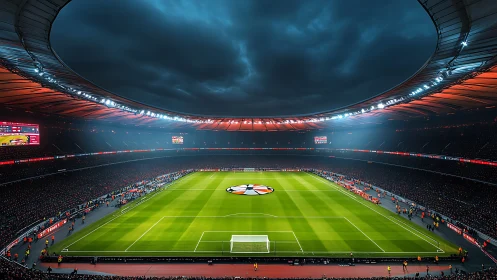 Floodlit football stadium under dark stormy evening sky.