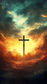 Crucifix silhouette framed by dramatic glowing sky.