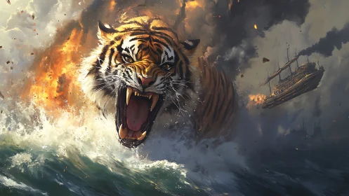 Roaring tiger erupts from stormy sea amid burning warship.