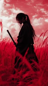 Samurai silhouette in monochrome red grassland at dusk