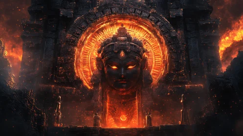 Fiery stone deity looms over an ancient infernal gateway.
