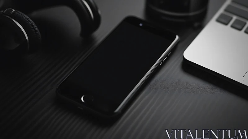 Midnight workspace trio of phone, laptop and headphones.