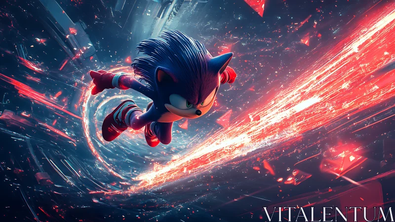 Speeding blue hero rides a blazing neon energy trail.