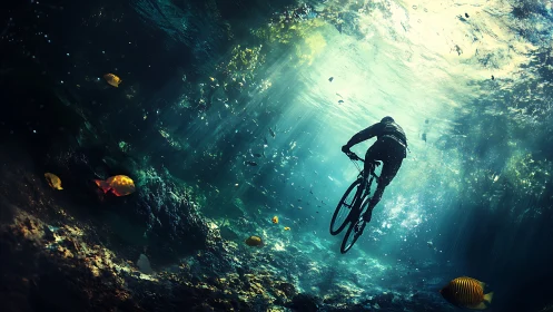 Underwater cyclist gliding through sunlit coral dreams.