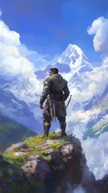 Armored wanderer overlooking distant snow capped summit.