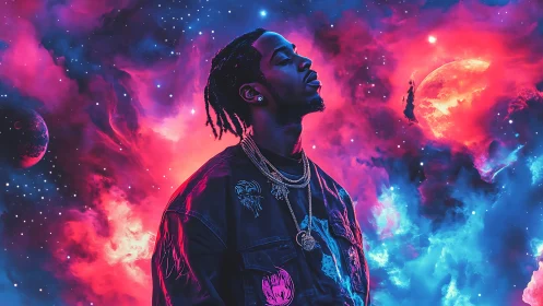 Dreamy cosmic portrait bathed in neon pink and blue glow.