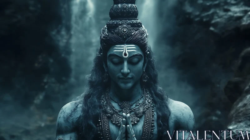 Divine blue deity in meditative frontal pose amid misty gorge