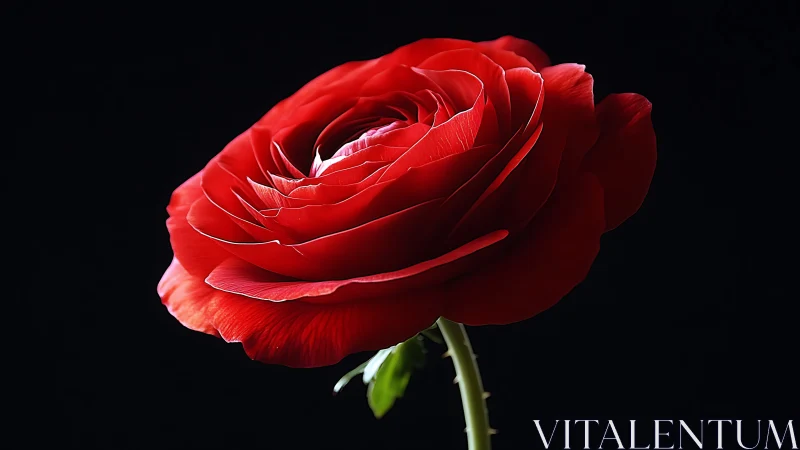 Crimson Rose Bloom Against Black Background with Thorned Stem.