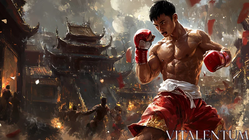 Martial Artist in Combat Stance Within Ancient Asian Cityscape.