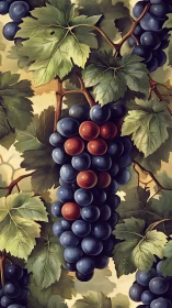 Grapevine clusters glow softly in a vintage botanical style